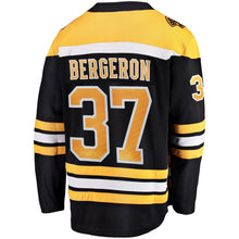 Load image into Gallery viewer, Men s Boston Bruins Patrice Bergeron Fanatics Branded Black 2019 Stanley Cup Final Bound Home Breakaway Player Jersey 2018/19 Black Yellow